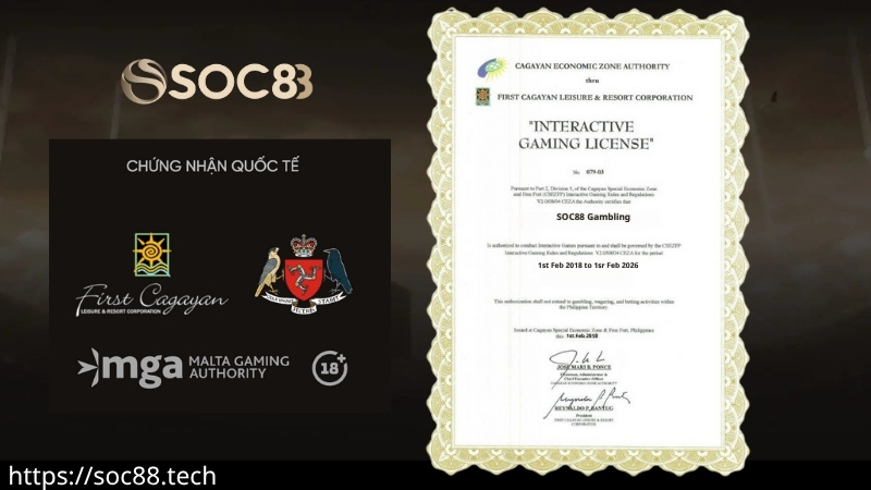 Chứng nhận quốc tế của nhà cái SOC88